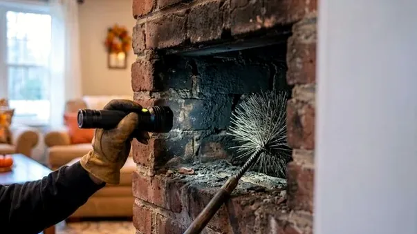 Technician inspecting a fireplace damper with a flashlight in a Birkdale home
